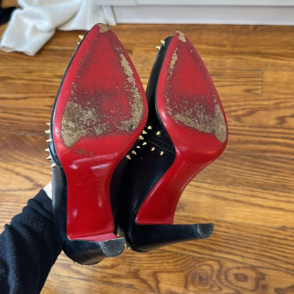Christian Louboutin Black Leather Studded Peep-Toe Heels with Red Sole - Picture 8 of 10